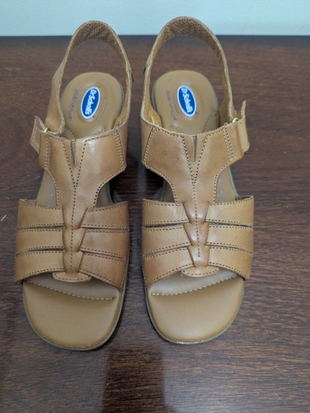 Dr. Scholl's Tan Leather Wedge Sandals Buckle Ankle Strap Sz 8.5